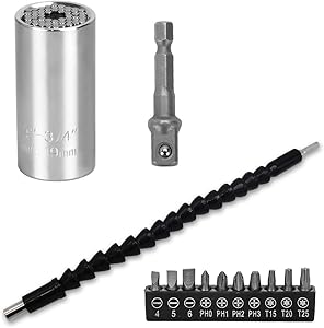 Universal Socket with 10 pcs Screwdriver Bit Set & Extension, FineGood Drill Socket Grip Adapter Flexible Drill Bit Extension