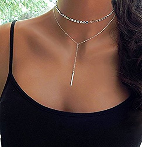 Shoopic Layered Coin Choker Drop Bar Pendant Necklaces Silver for Women