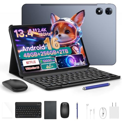 Luzglo P13 Pro Tablet 13.4 Inch 120Hz Android 16, 48GB RAM + 256GB(TF 2TB) Tablet with Keyboard and Pen, T7280 Octa-Core, 12000mAh/18W, 16MP+8MP, Gemini AI, Widevine L1, Face ID, Dual SIM 4G, Grey