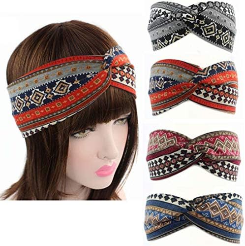 Qhome 4 Pack Women Cotton Elastic Bohemian Turban Headbands Twisted Head Band Headband Headwear Hairbands Bows Girls Hair Accessories