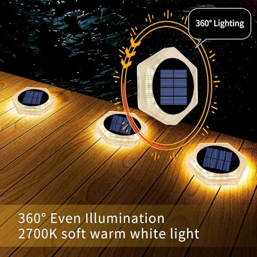 YiLaie Twilight Solar Lights Outdoor Garden 20 LEDs, 10 cm Solar Beacon Hexagonal Ground Adhesive Lighting 360°, IP68 Waterproof for Path, Parking, Stairs, Sidewalk, Warm White (8 Pack)