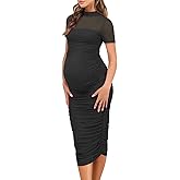 Dedysler Maternity Mesh Bodycon Dress for Baby Shower Sexy Mock Neck Long Casual Pregnancy Clothes with Back Zipper