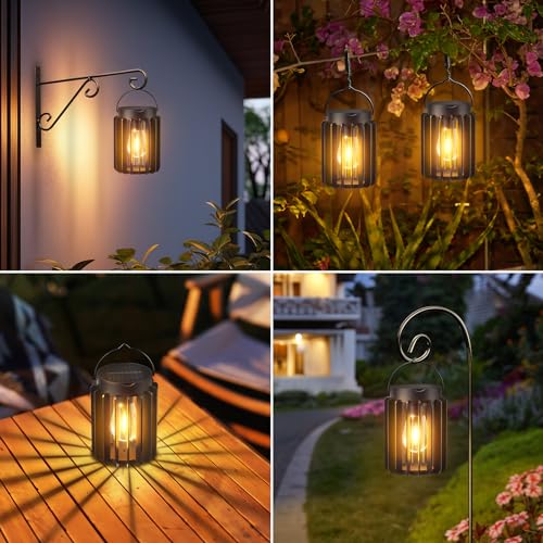 RECHOO Solar Lights for Outdoor Garden Hanging, Pack of 2 Solar Lanterns for Outdoor Use with Large LED Bulb, IP65 Waterproof Solar Lights for Outdoor Use with Clip for Patio, Lawn, Balcony, Yard, Garden Decoration