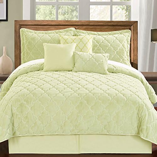 Home Soft Things Serenta Faux Fur Ogee Embroidery 7 Piece Bedspread Quilts Set, King, Light Green