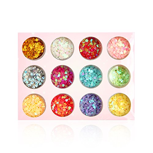 DIY 12 Colors Hollow & Solid Heart Star Iridescent Glitter Sequins Spangle 2 Sets 24 Jars for Nail Art Tip Deco Crafts Project