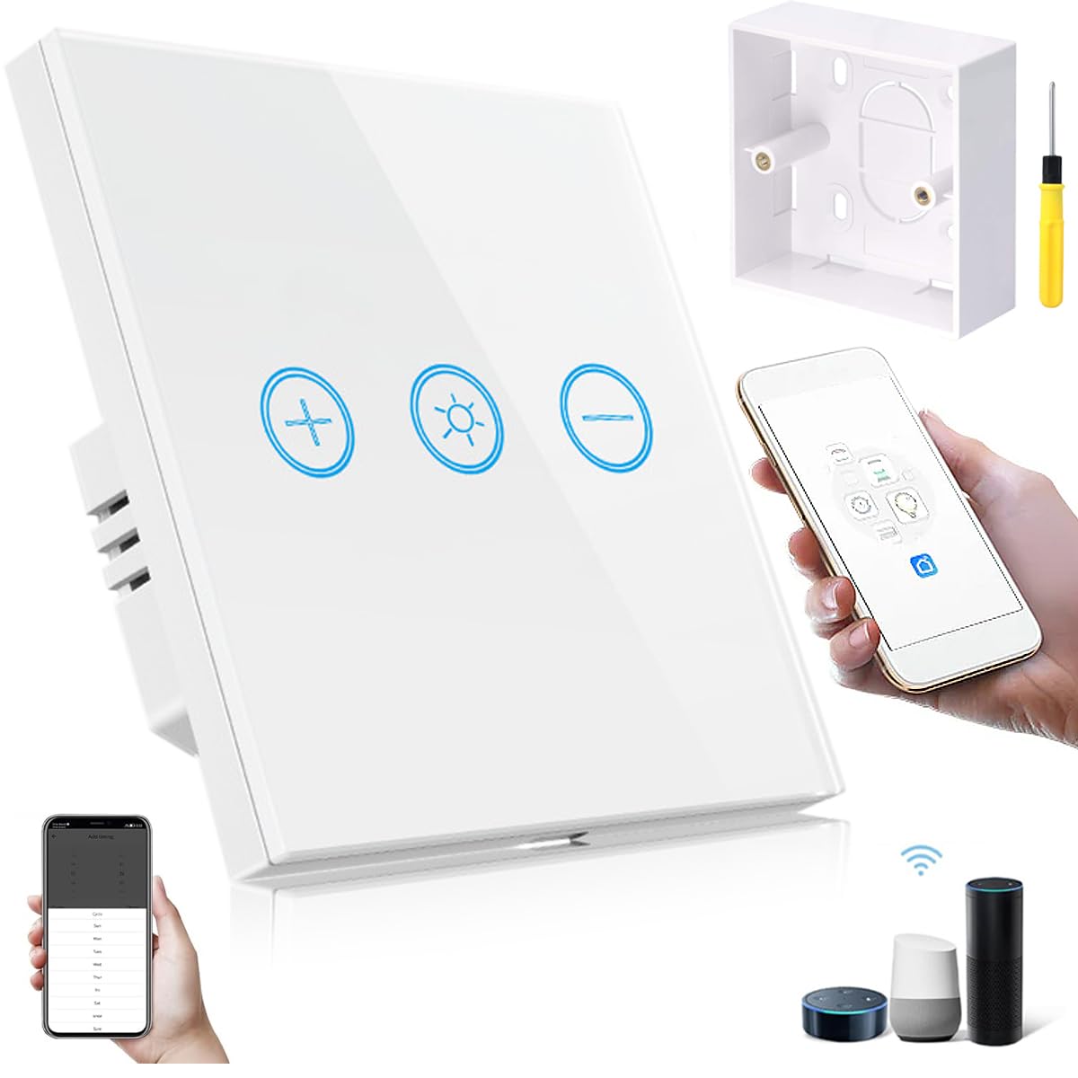 Acmerota Smart Light Switch Single WiFi Dimmer Touch Switch Alexa Light Switch (Neutral Wire Required) 1Gang White Glass Panel Wall Switches, Work with Alexa/Google, Tuya APP