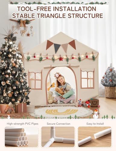 2 in 1 Besrey Kids Play House Tent with 2 Doors and 4 Windows, Play Tent for Children Indoor and Outdoor with Padded Mat, Fairy Lights and Bunting