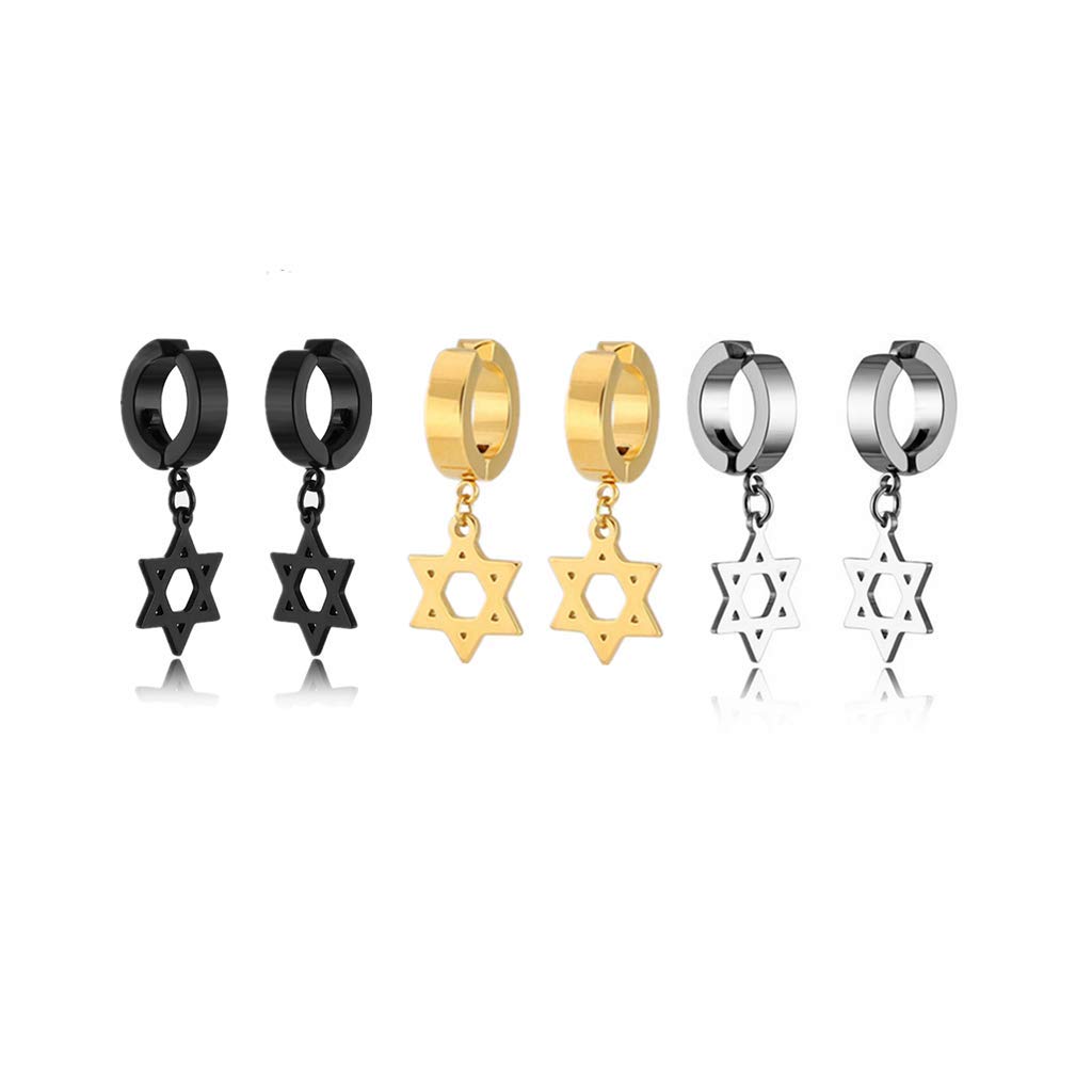 Non-pierced Clip On Star of David Earrings Set of 3 Stainless Steel Hexagram Dangle Drop Hoop Earrings for Unisex Men Women, 3 Pairs