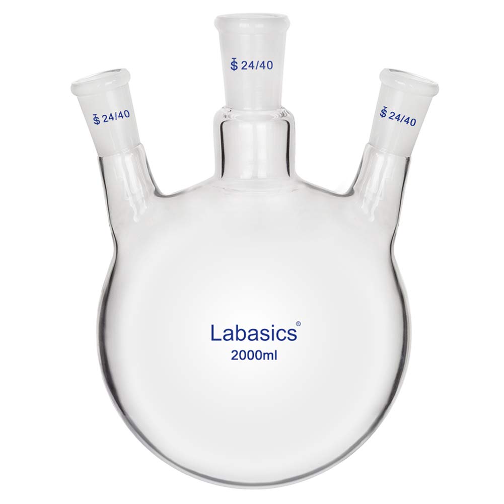 Labasics Glass 2000ml 3 Neck Round Bottom Flask RBF, with 24/40 Center and Side Standard Taper Outer Joint (2000ml)