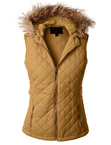 RubyK Womens Basic Padded Puffer Quilted Jacket Vest with Hoodie,X-Large,RBKWV1945_CAMEL