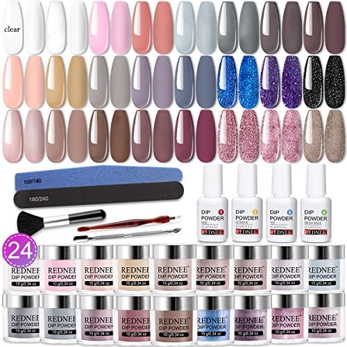 REDNEE 33 Pcs Dip Powder Nail Kit Starter 24 Colors Dipping Powder Set