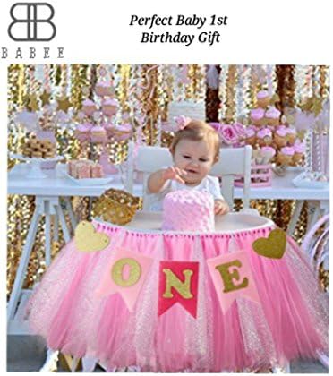 2 packs Pink 1st Birthday Girl Baby High Chair Tutu Decoration and ONE banner Party Supplies for Highchair skirt