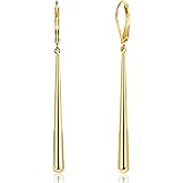 LANCHARMED 925 Sterling Silver Dangle Earrings 14k Gold Plated Long Strip Bar Waterdrop Leverback Earrings Hypoallergenic Lightweight Trendy Long Drop Earings for Women Lady Jewelry Gifts in Box