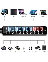 LYFNLOVE - Hub USB con 11 puertos y 48 W con 7 puertos USB 3.0 y 4 puertos de carga inteligentes, divisor USB 3.0 con interruptores de encendido apagado para ordenador portátil, PC, Macbook,Mac Pro Mini, Surface Pro, iPad, HDD