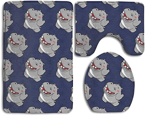 SWSW Cute Hippo Cartoon Pattern 3 Piece Bathroom Rug Set Bath Mat, Contour Rug, Toilet Lid Cover