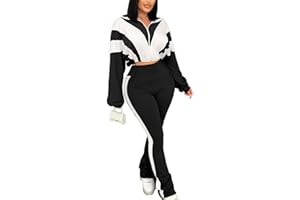 Vssjavun Women 2 Piece Outfit Color Block Long Sleeve Zip Drawstring Cropped Jacket Bodycon Long Pants Set Sweatsuit