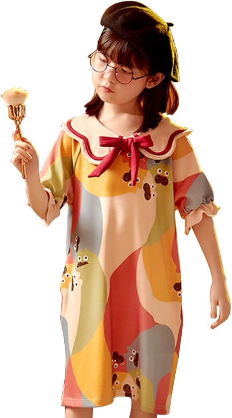 Amazon Co Jp 女の子のかわいいコットン快適なパジャマ ファッション画家スタイルの小さなラペル弓プリンセスフリルカフス半袖ルーズ寝間着7 13歳 110cm ホーム キッチン