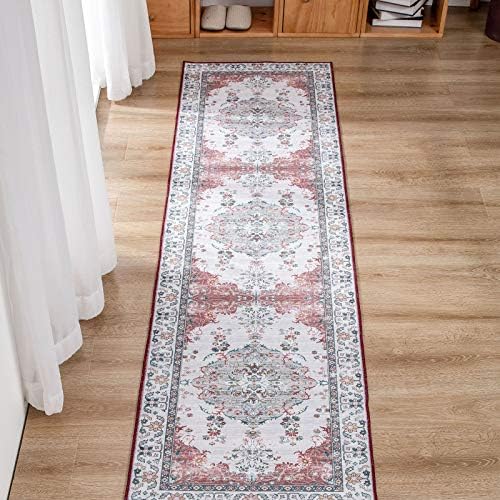 Decomall キッチンマット 廊下マット カーペット ペルシャ 240x60cm 絨毯 滑り止め 花柄 洗える ラグ レッド