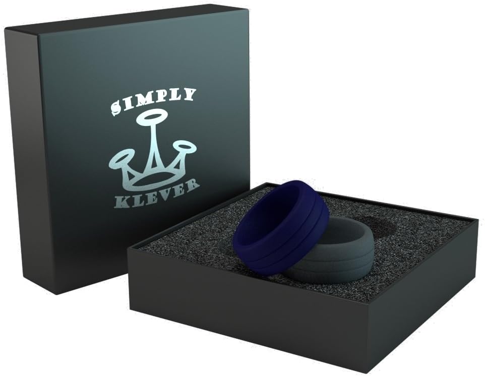 Simply Klever Silicone Wedding Ring Set – Best Silicone Rubber Wedding Ring Band for Men – 9mm Wide Comfort Safety Fit for Sports, Outdoors, Chef, Mechanic, Police, Military, Work by (Gray/Blue)