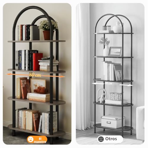 YOSHOOT 4 Tier Curved Bookcase with Metal Frame and Wooden Shelves 165cm High Ideal for Living Room Study Office 80 x 30 x 165 cm (Grey Oak)