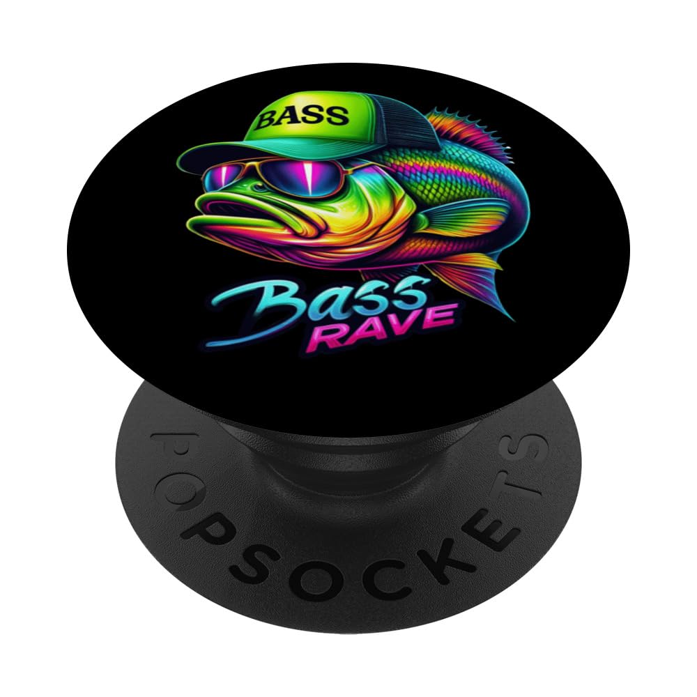 Funny Rave Party Shirt Rainbow Bass Fish Trucker Hat Fishing PopSockets Swappable PopGrip