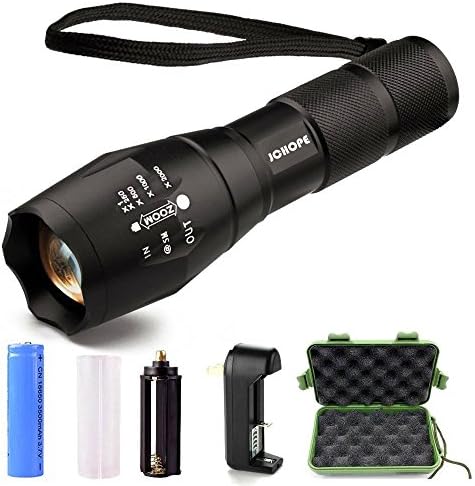 LED Tactical Flashlight,JCHope XML T6 High Powered Handheld Torch with Rechargeable 18650 Lithium Ion Battery and Charger , 5 Modes Zoomable Adjustable Focus For Hiking, Camping, Emergency