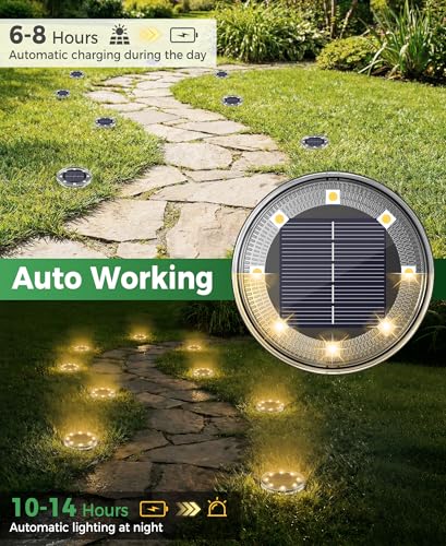 LOTMOS Pack of 12 Solar Ground Light, 8 LED Solar Outdoor Garden Light, IP68 Waterproof, Outdoor Solar Spotlight for Paths, Lawns, Patios, Driveways, Yards, Swimming Pools, Walkways, Warm White