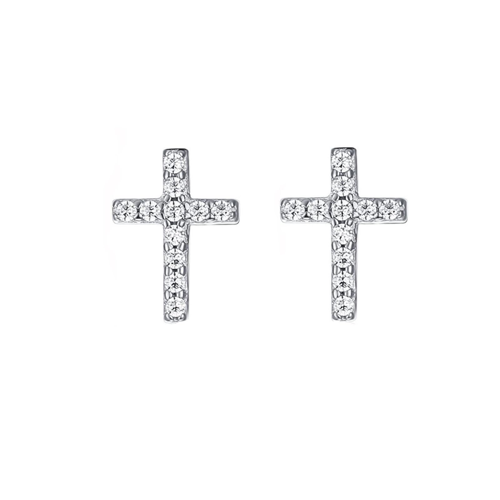 Silver Small Cross Stud Earrings, Hypoallergenic Stainless Steel CZ Cross Earrings for Women