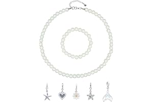 JSEA 8mm Faux Pearl Necklace Elastic Bracelet Jewelry Set Beige White Pink Fake Pearl Jewelry