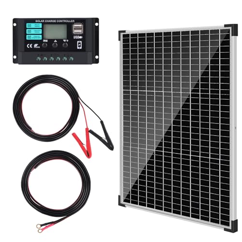 【50W Solar Panel 12V Kit】DERUXI 50Watt Monocrystalline Solar Panels Set: 50W 12V Solar Panel + 10A PWM Charge Regulator, 4 Pcs Solar Cable, Solar Panel Camping Car Roofs Boat
