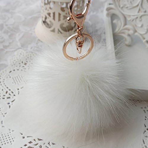 18 K Gold Plated Keychain with Real Fox Fur Ball Keychain for Car Key Ring Handbag Tote Bag 10CM 3.9IN (white)