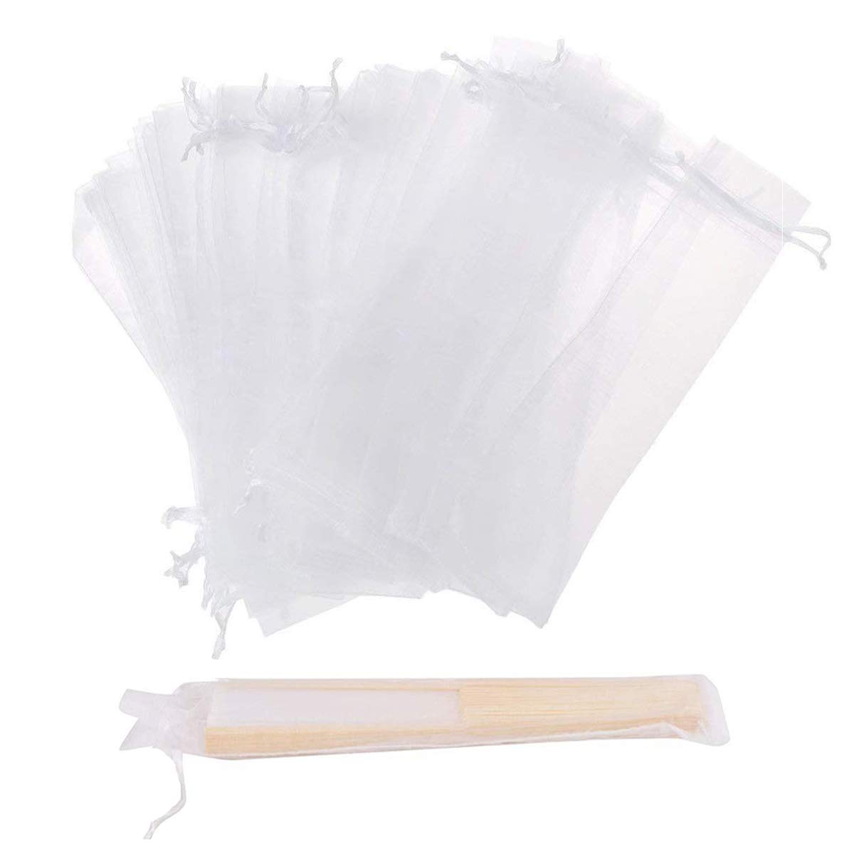 50Pcs Organza Hand Fan Bags, 2x10 Inches White Folding Fan Drawstring Bag Hand Fan Decorative Pouch Party Wedding Favor Gift Bags