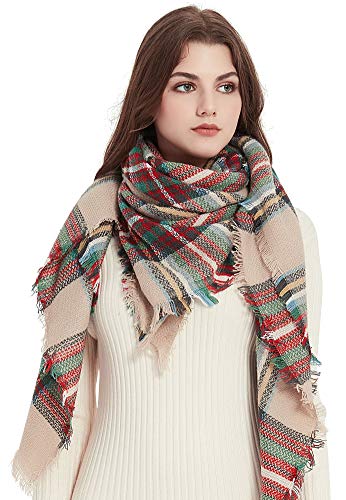 Women's Fall Winter Scarf Classic Tassel Plaid Tartan Scarf Warm Soft Chunky Large Blanket Wrap Shawl Scarves Christmas Red Green Beige