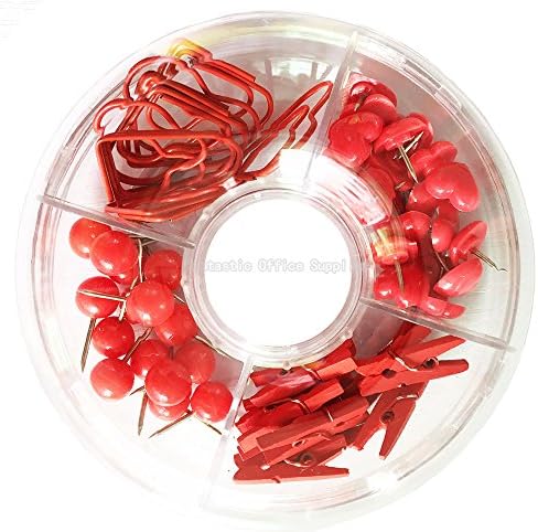 55 PCS Red Office Supplies Set, Red Desk Accessories Pushpins/Thumbtacks, Red Heart Shaped Paper Clips, Red Wooden Craft Photo Clips Decorative for Desk