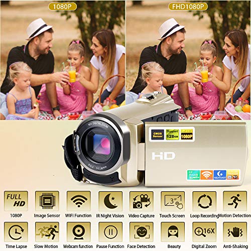 Video Camera Camcorder WiFi FHD 1080P 30FPS 24MP Infrared Night Vision YouTube Vlogging Camera Recorder 3.0 Inch 270 Degree Rotation Touch Screen 16X Digital Zoom Camcorder with 2 Batteries