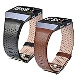 CAGOS Compatible Fitbit Ionic Band Sets, 2 Pack Breathable Genuine Leather Strap Replacement Accessories Wristband for Fitbit Ionic Women Men (Dark Brown+Black, Large(6.29''-8.66''))