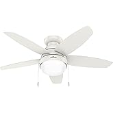 Hunter 44 inch Indoor Ceiling Fan with LED Light - White Ceiling Fan with Pull Chain, For Bedroom, Living Room, or Kitchen, L