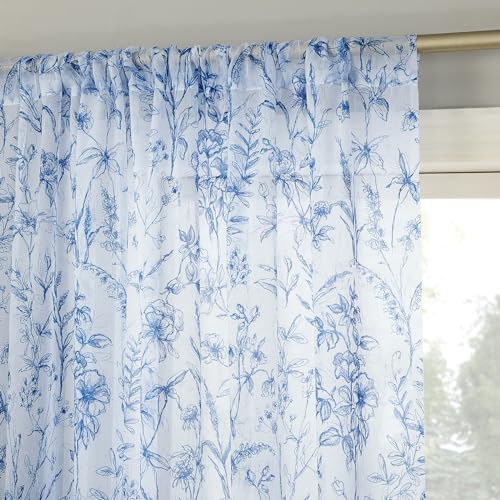 No. 918 Ambree Vorhang, Vintage-Stil, Blumenmuster, durchscheinend, 130 x 160 cm, Chinoiserie-Blau