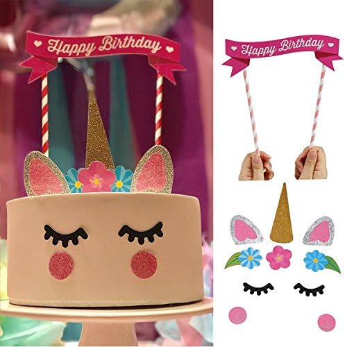 Zipefy Cake Topper, Unicorn Birthday Decorations Cake Topper, Reusable Unicorn Horn, Ears and Eyelash Set, Unicorn Party Decoration for Birthday Party, Baby Shower and Wedding - Set of 11