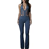 REASERAL Womens Casual Jumpsuit Halter Backless Hollow Out Top Slim Bodycon Going Out Sexy Jumpsuit