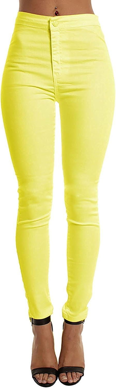 Sueetyus Women High Waisted Stretch Pencil Pants Tights Leggings Casual Skinny Jeans Yellow XX-Large