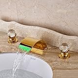 Rozin Dual Crystal Knobs LED Light Waterfall Basin Faucet Widespread 3 Holes Sink Mixer Tap Gold Polished