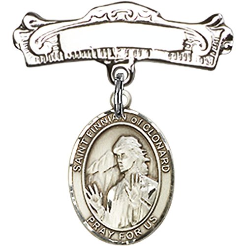 Sterling Silver Baby Badge with St. Finnian of Clonard Charm and Arched Polished Badge Pin 7/8 X 7/8 inches