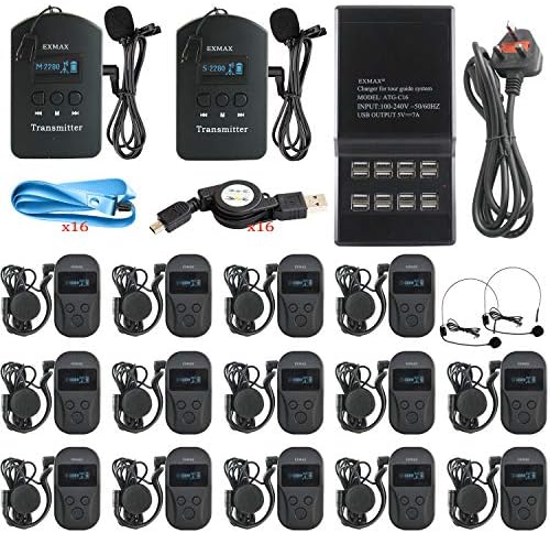 EXMAX EXD-101 2.4GHzWireless Tour Guide System 9999 Channels Church System for the Reception of VIPs Visited the Factory,Seminars or Exhibitions(2 Transmitters 14 Receivers & 16-port Charger Base)