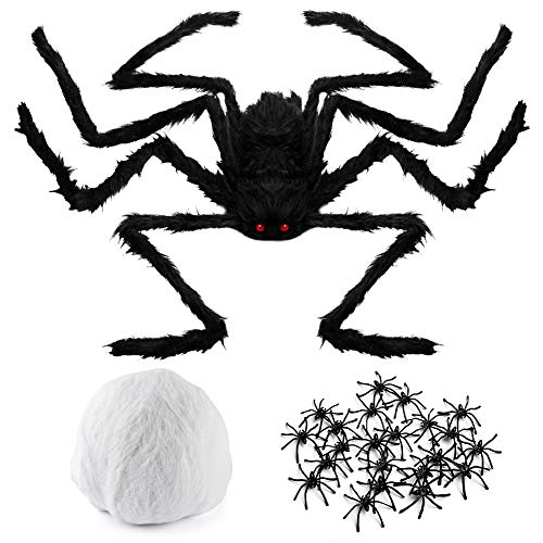 3 otters Halloween Hairy Spiders Set, 49inch Halloween Spider for Halloween Outside Decorations, with 50PCS Little Spiders