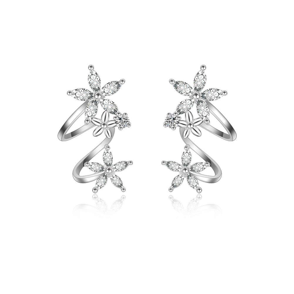 Flower Fairy Sterling Silver Plated CZ Ear Cuff Wrap Stud Earrings for Women Girls Cartilage Fashion Crawler Climber Cubic Zirconia Clip Hypoallergenic (Silver)