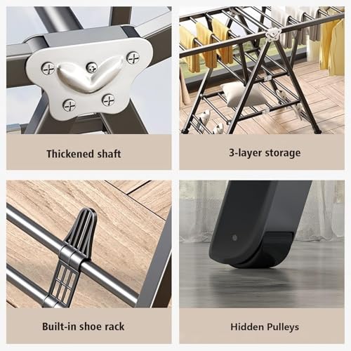 Foldable Clothes Drying Rack, 3 Tier Laundry Dry Rack Height Adjustable Clothes Hanger Stand Drying Racks, Carbon Steel Laundry Drying Rack Stand for Sheets Towels & Clothing, Indoor Outdoor Use (125)
