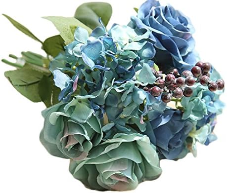 Linshing-Artificial Silk Flowers 8 Head Bridal Wedding Bouquet Florals Combination of Roses & Hydrangea & Berry Fruit Dried Flowers for Household Adornment or Centerpiece Decoration (Blue)