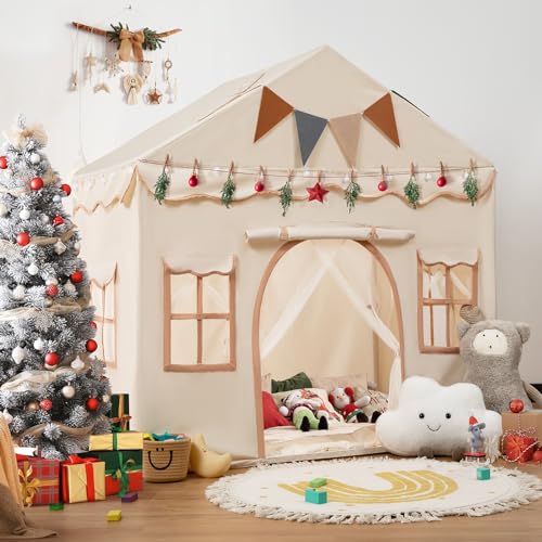 2 in 1 Besrey Kids Play House Tent with 2 Doors and 4 Windows, Play Tent for Children Indoor and Outdoor with Padded Mat, Fairy Lights and Bunting