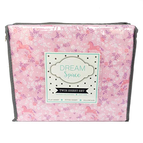 DreamSpace Brushed Rose Vine Pink Unicorn Sheet Set with White and Purple Floral - Unicorn Sheets (Twin)
